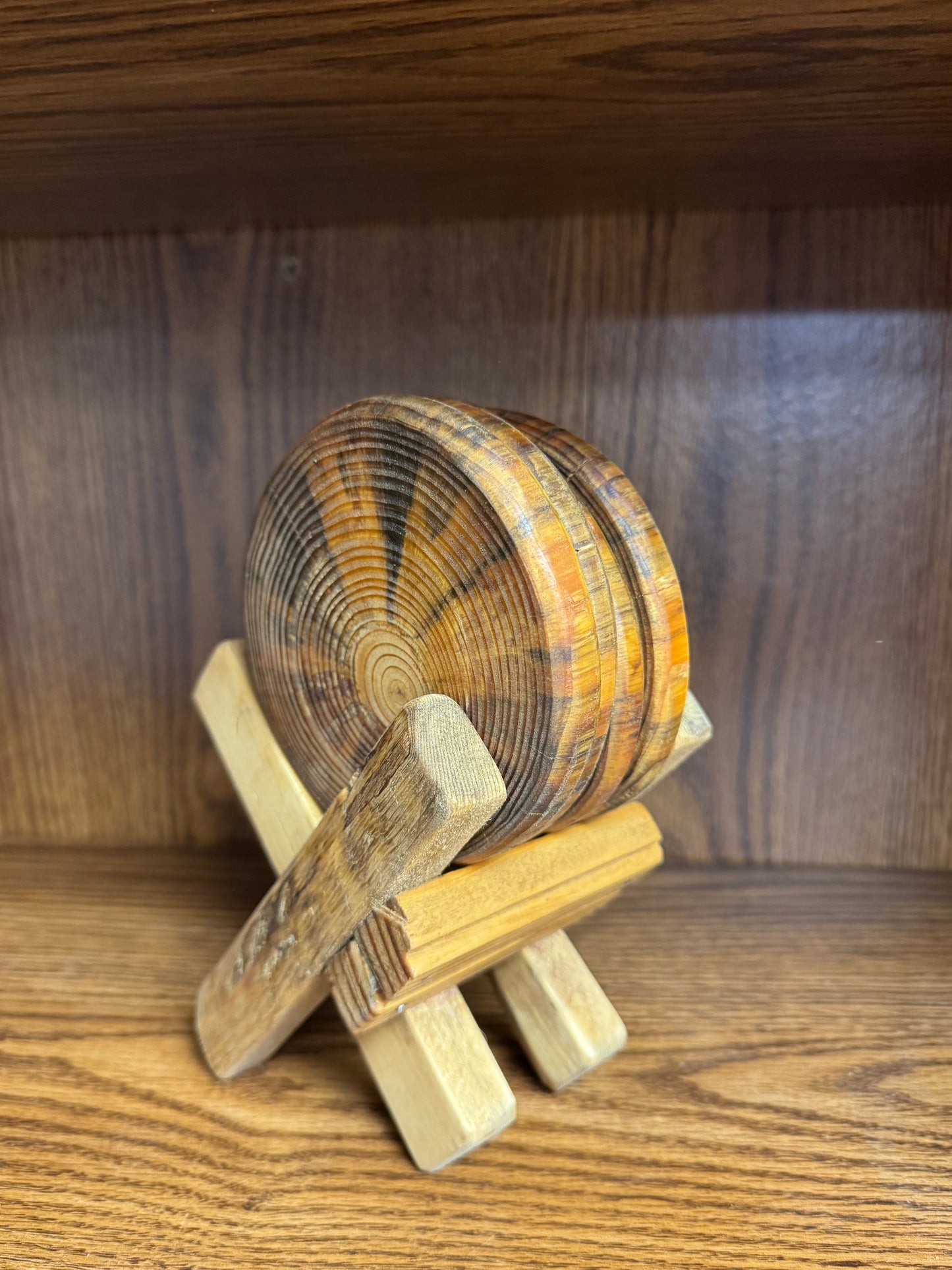 Handcrafted Wooden Coaster Set with Rustic Stand