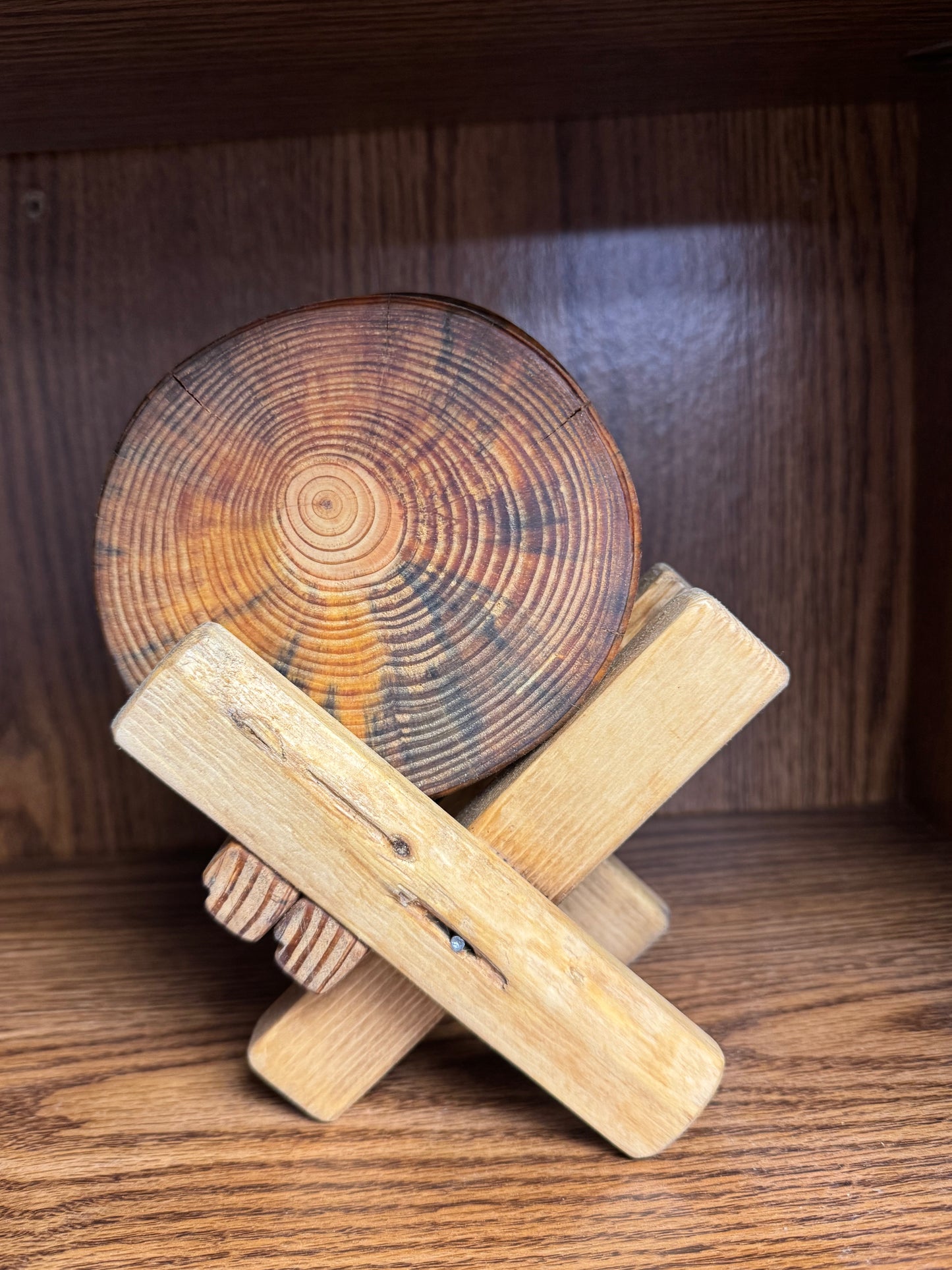 Handcrafted Wooden Coaster Set with Rustic Stand
