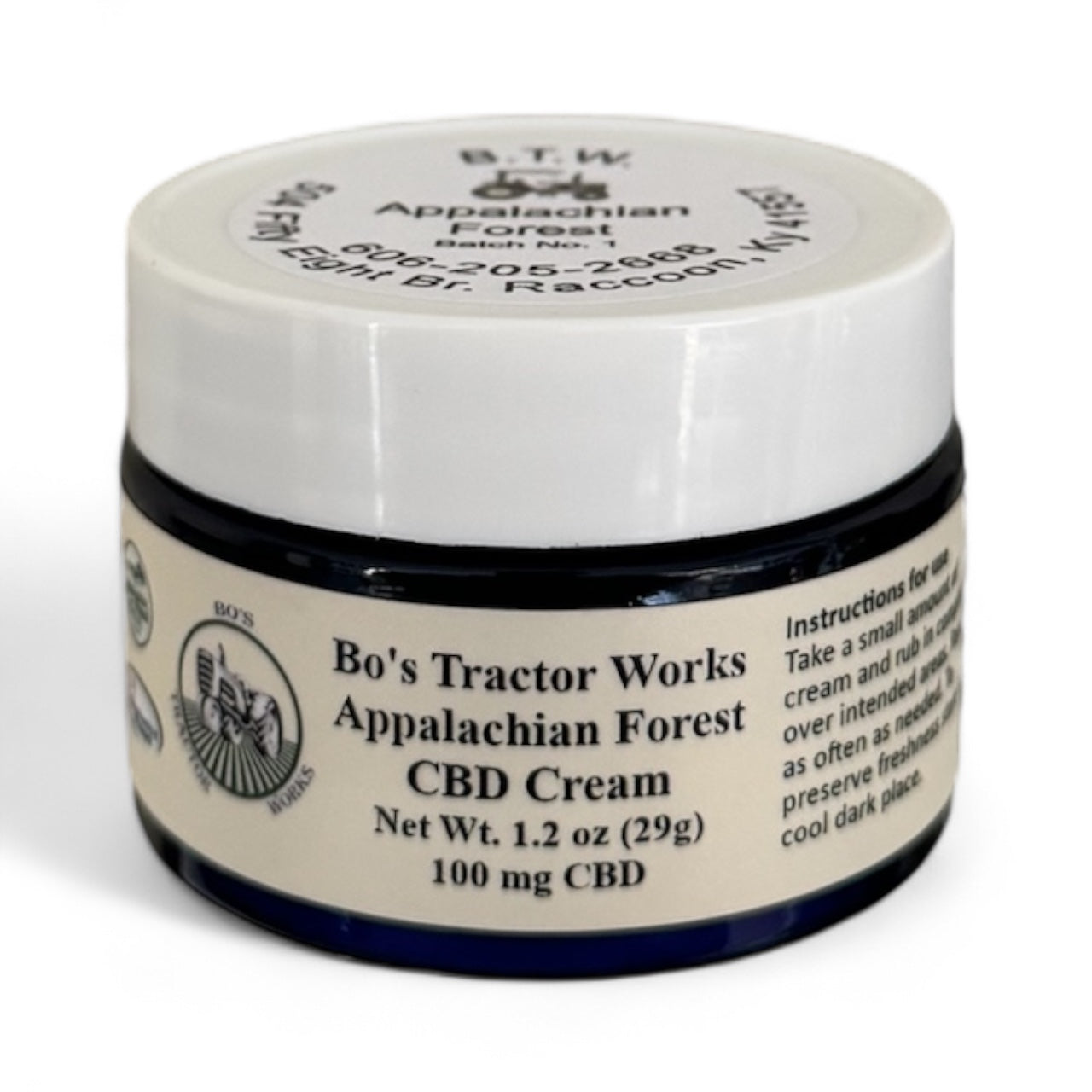 Bo’s Tractor Works Appalachian Forest CBD Cream.