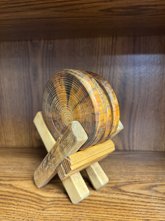 Handcrafted Wooden Coaster Set with Rustic Stand