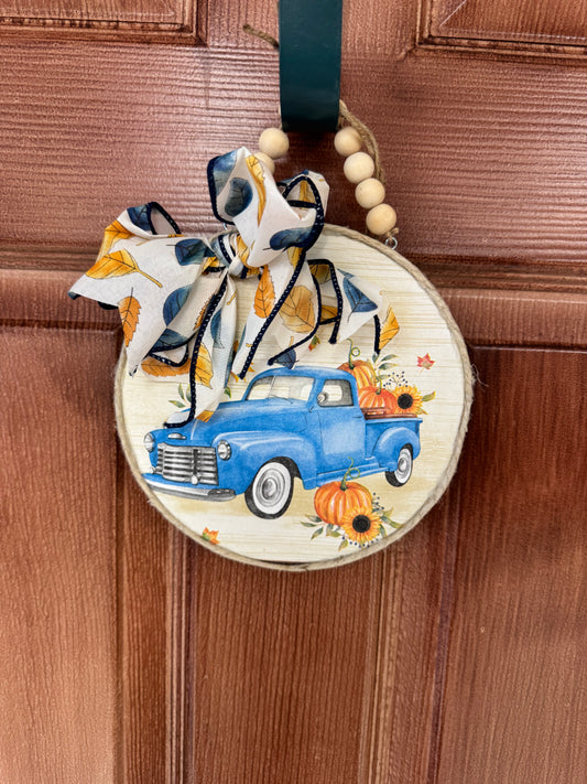 Blue Farm Truck Fall Hanging Sign