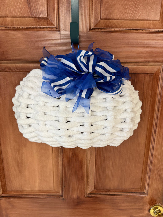 Handmade White Chenille Pumpkin with Bow