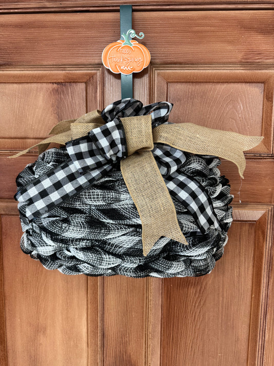 Black & White Mesh Pumpkin with Burlap Bow